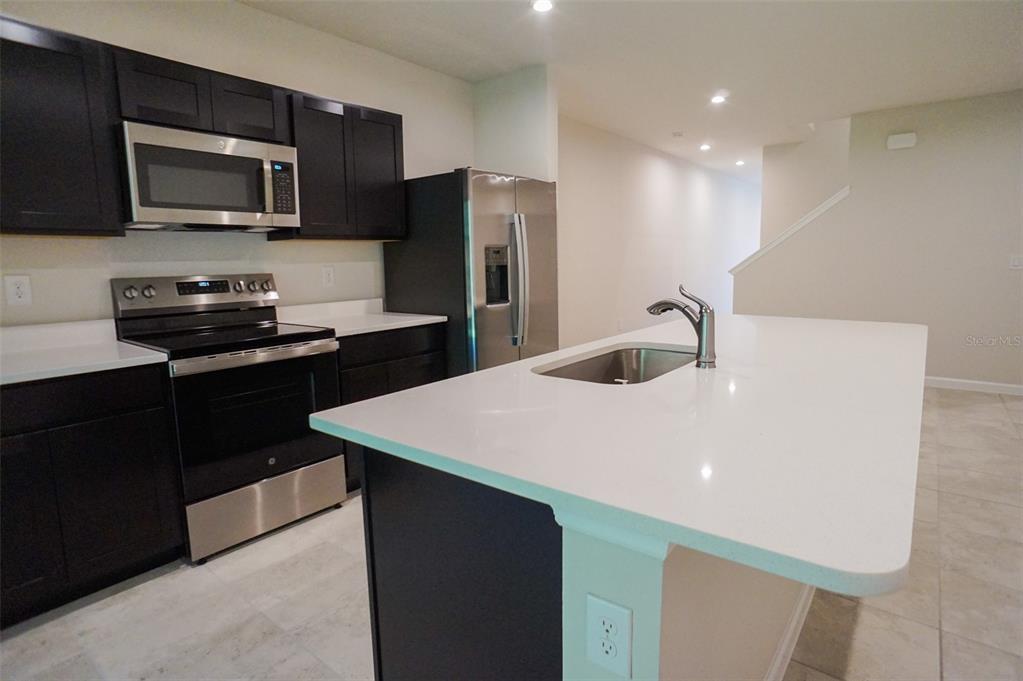 A kitchen features dark cabinets, stainless steel appliances, and a white quartz-topped island with sink — 12016 GRIZZLY LANE, NEW PORT RICHEY, FL