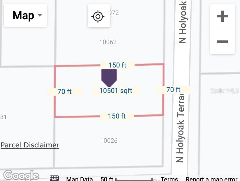 This is a map showing a rectangular property lot measuring 150 feet by 70 feet — 10048 N HOLYOAK TERRACE, DUNNELLON, FL