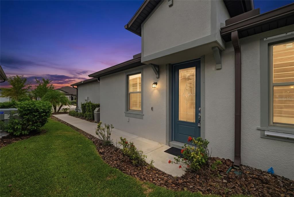 A blue front door with a glass insert sits on a concrete walkway beside landscaping — 6308 MOORING LINE CIRCLE, APOLLO BEACH, FL