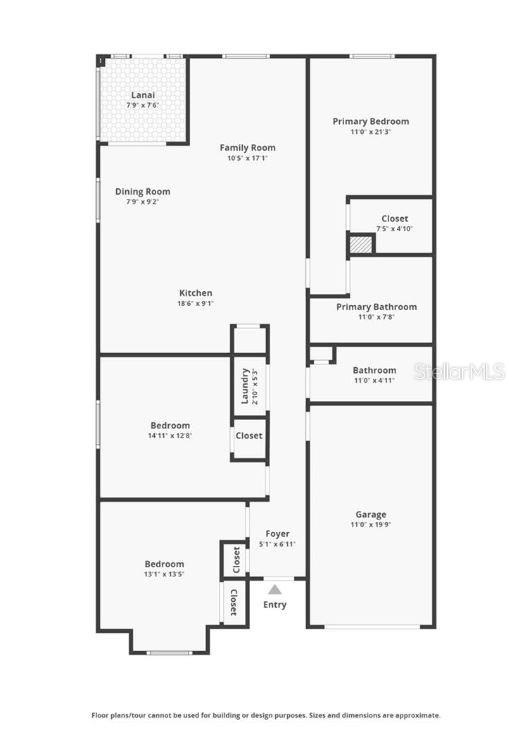 This is a floor plan showing a home with three bedrooms, two bathrooms, and a garage — 55 BOUNDARY BOULEVARD UNIT A, ROTONDA WEST, FL