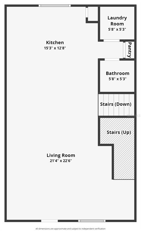 This floor plan shows a living room, kitchen, bathroom, laundry room, pantry, and two staircases — 412 BLUE BAYOU LANE, WINTER SPRINGS, FL