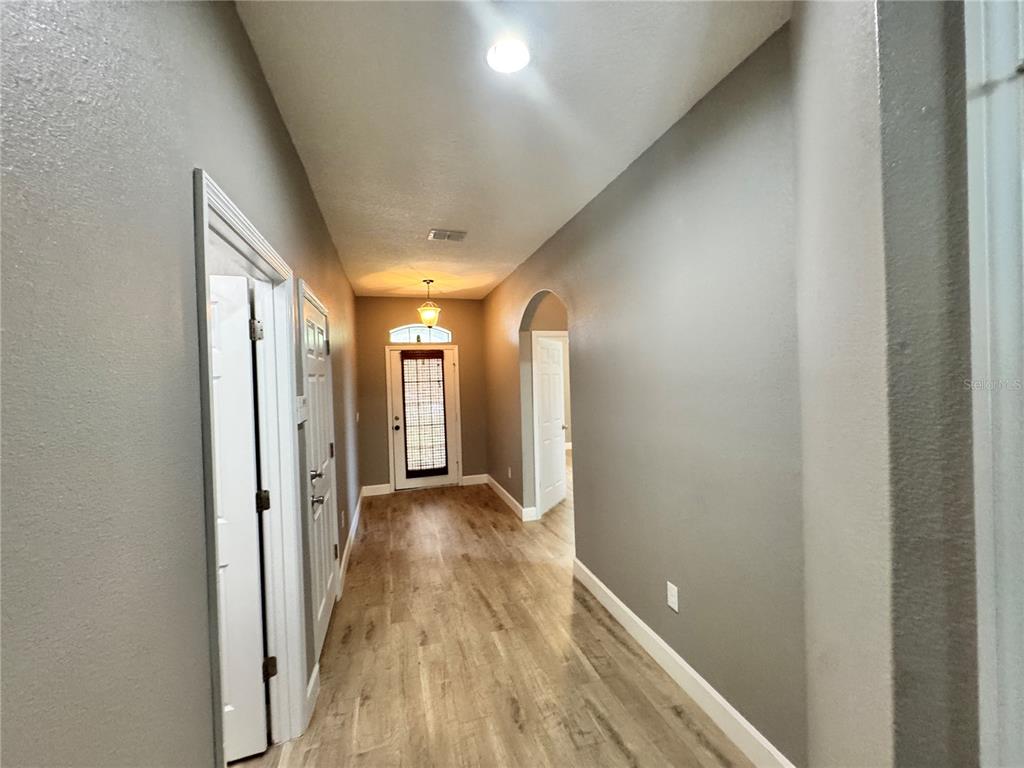 A hallway with light wood-look flooring, gray walls, and a white door with a transom — 764 CHACALL LOOP, MOUNT DORA, FL