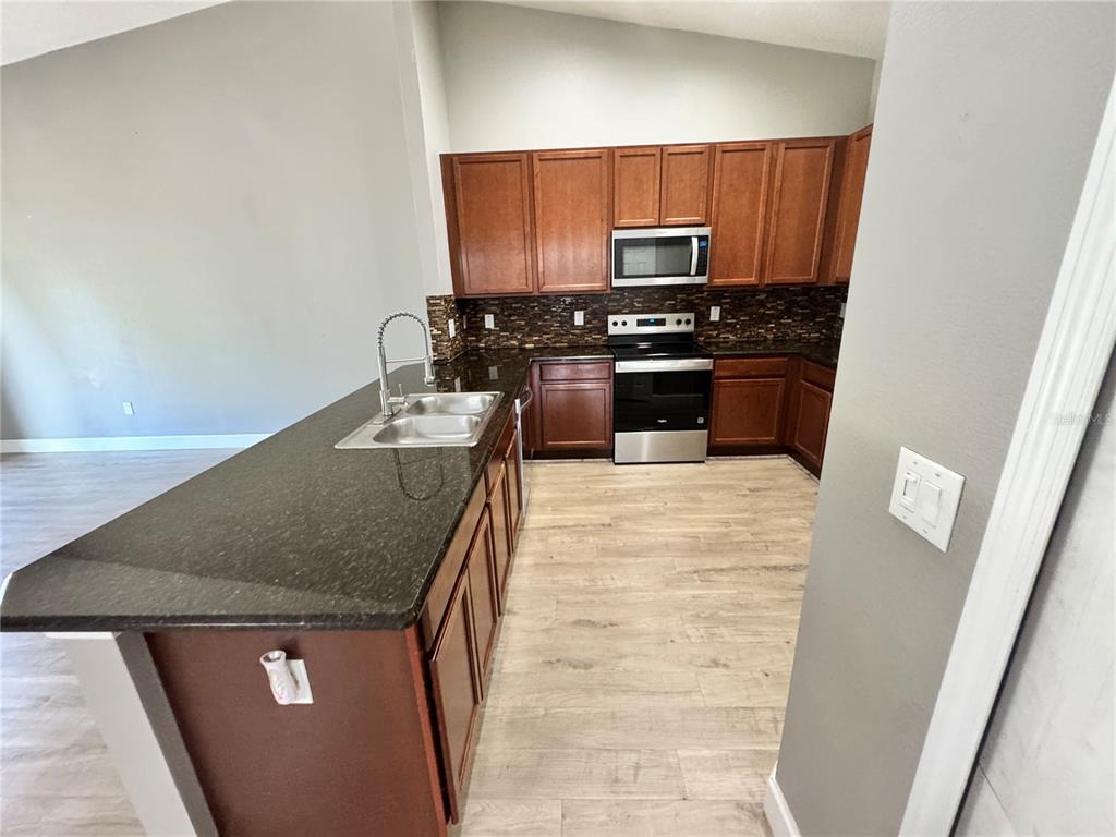 A kitchen features dark wood cabinets, black granite countertops, and light wood-look flooring — 764 CHACALL LOOP, MOUNT DORA, FL