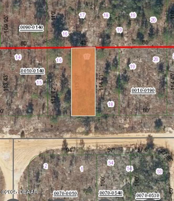 This is a map showing a highlighted rectangular land parcel with surrounding lot numbers — 154 1ST AVENUE, INTERLACHEN, FL
