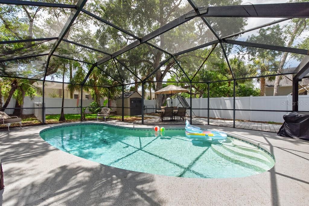 A screened-in swimming pool with a patio, outdoor dining set, and a small storage shed — 1715 S HUBERT AVENUE, TAMPA, FL