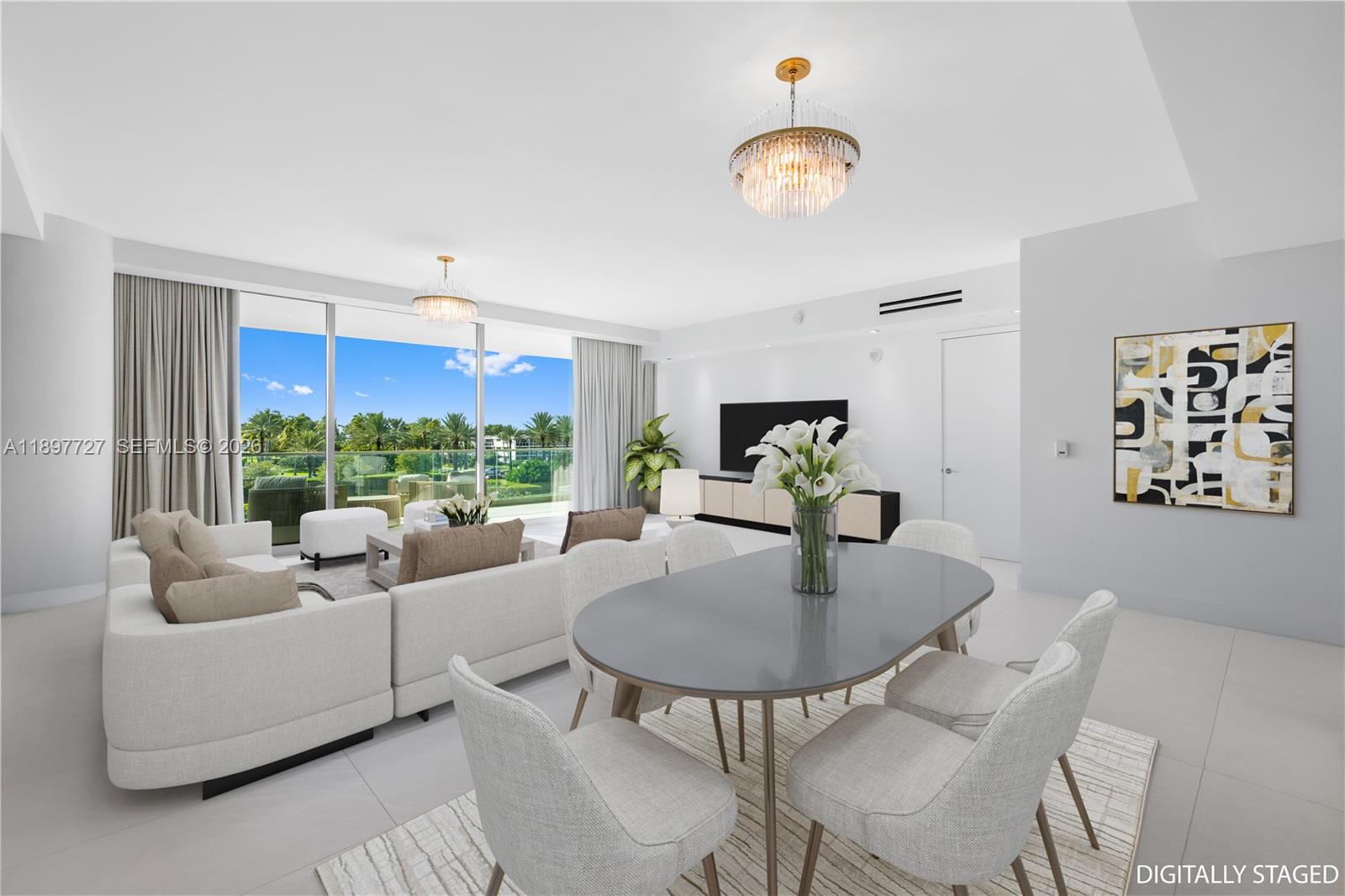 This digitally staged living and dining area features floor-to-ceiling windows overlooking a landscaped terrace — 10201 Collins Ave # 311, Bal Harbour FL 33154, BAL HARBOUR, FL
