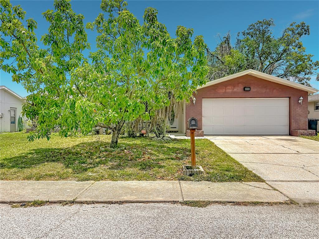 A single-story brick house with a two-car garage and a large tree in the yard — 8944 LEDGESTONE LANE, PORT RICHEY, FL