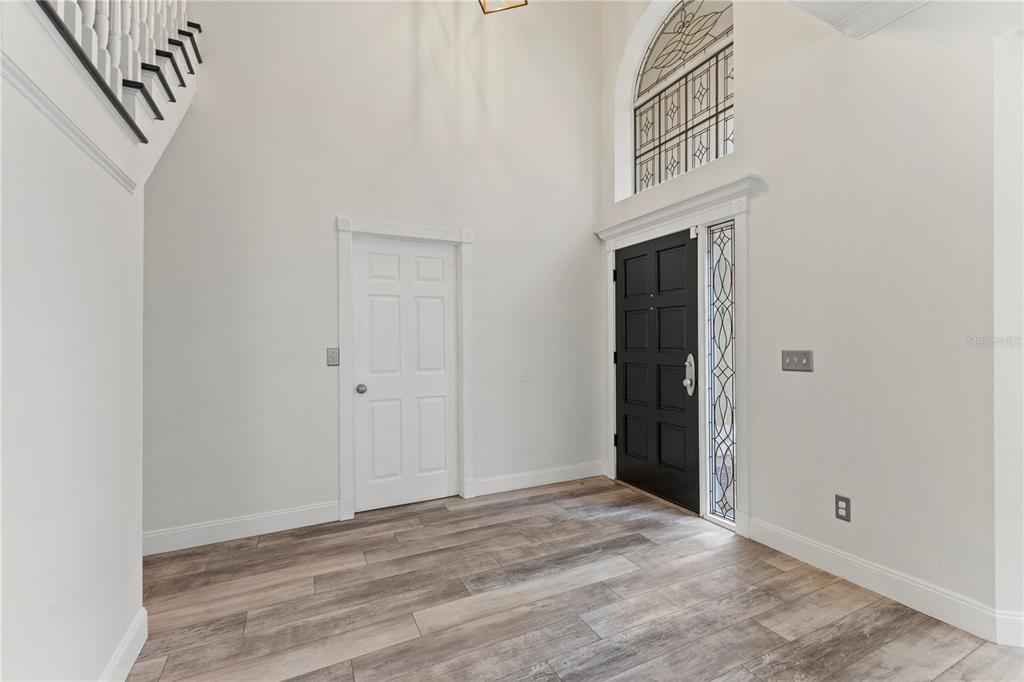 An entryway features light wood-look flooring, a black front door, and a white interior door — 9307 POPLAR CREEK COURT, TAMPA, FL