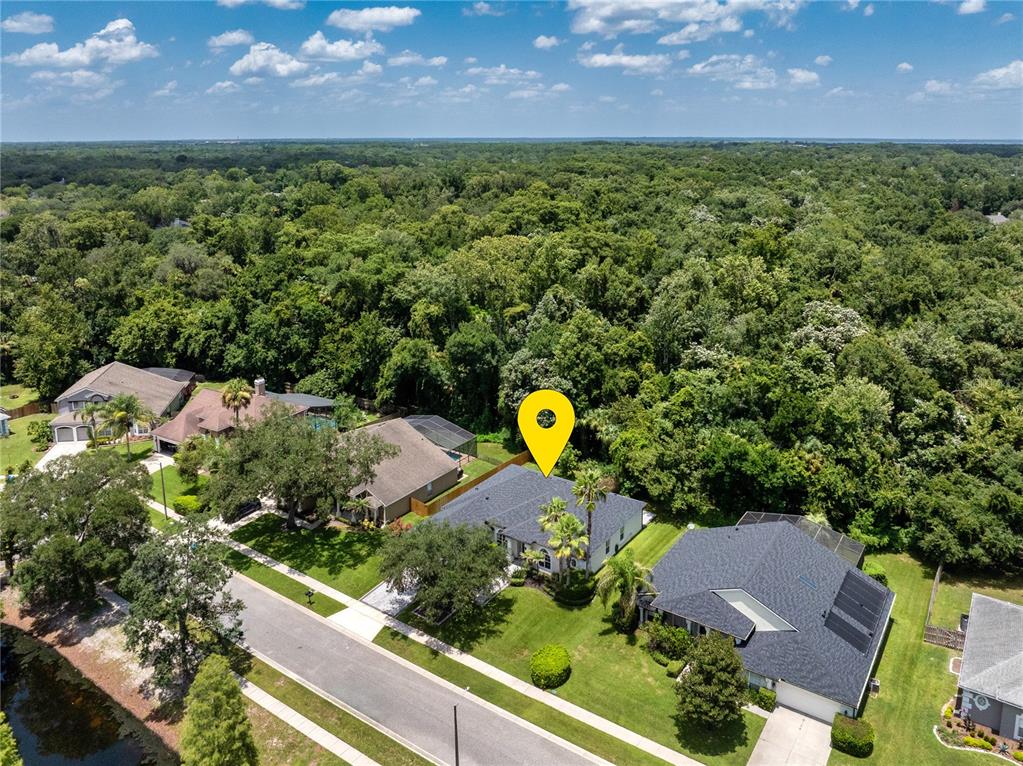 An aerial view shows a suburban house with a yellow location pin on its roof — 223 BLUE CREEK DRIVE, WINTER SPRINGS, FL
