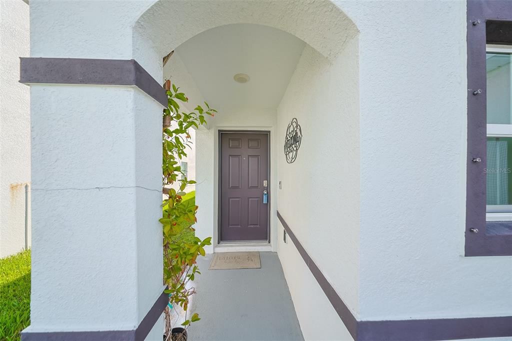 A covered entryway features a dark gray front door, a welcome mat, and white stucco walls — 12136 LILY MAGNOLIA LANE, RIVERVIEW, FL