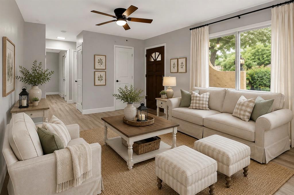 A living room features a beige sofa, two ottomans, a coffee table, and a ceiling fan — 1532 N NORMANDY BOULEVARD, DELTONA, FL