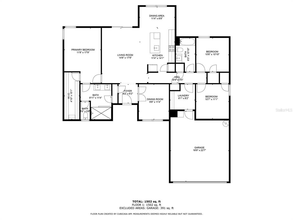 This is a floor plan showing a single-story house layout with three bedrooms and a garage — 12248 SW 96TH LANE, DUNNELLON, FL