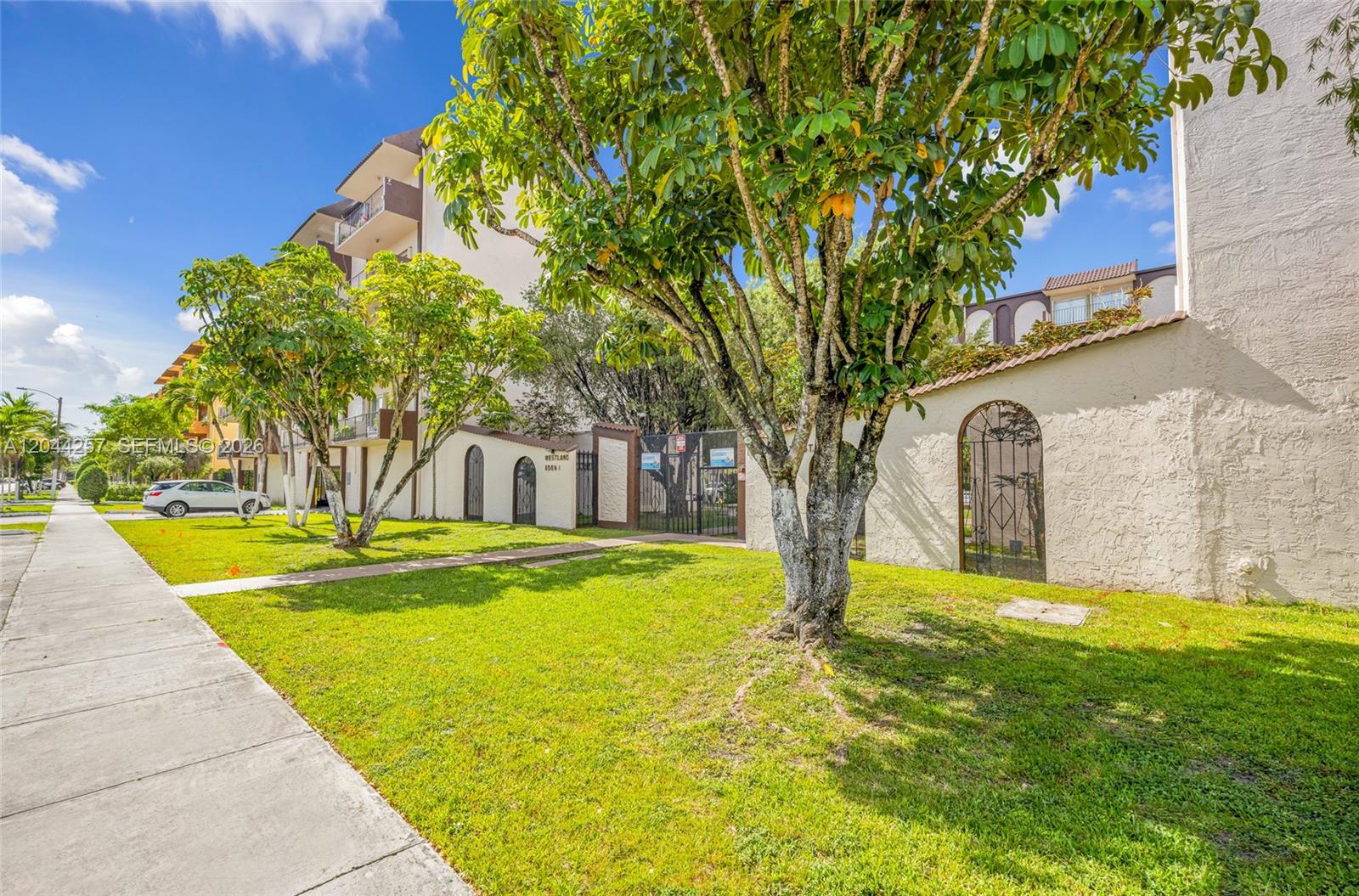 A sidewalk runs alongside a grassy lawn with trees in front of a residential building — 1950 W 54th St # 206, Hialeah FL 33012, HIALEAH, FL