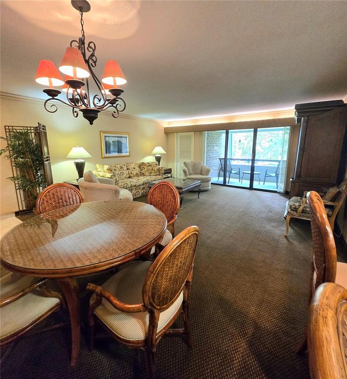 A dining area with a wicker table and chairs opens into a carpeted living room — 36750 US HIGHWAY 19 N UNIT 15-219, PALM HARBOR, FL