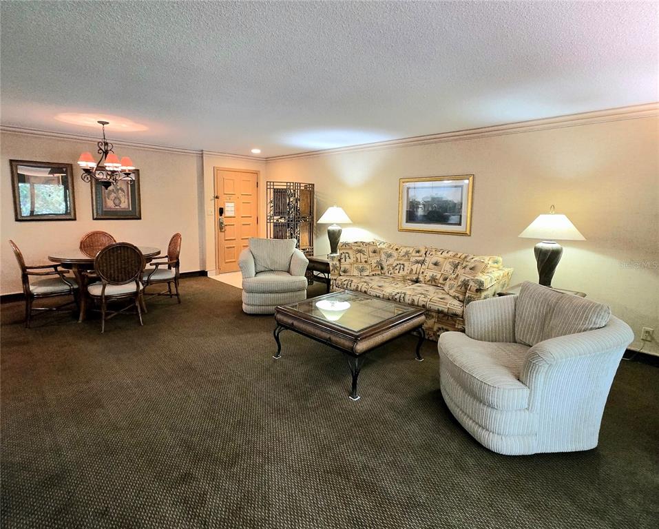 A living and dining area features carpeted floors, a patterned sofa, and two armchairs — 36750 US HIGHWAY 19 N UNIT 15-219, PALM HARBOR, FL