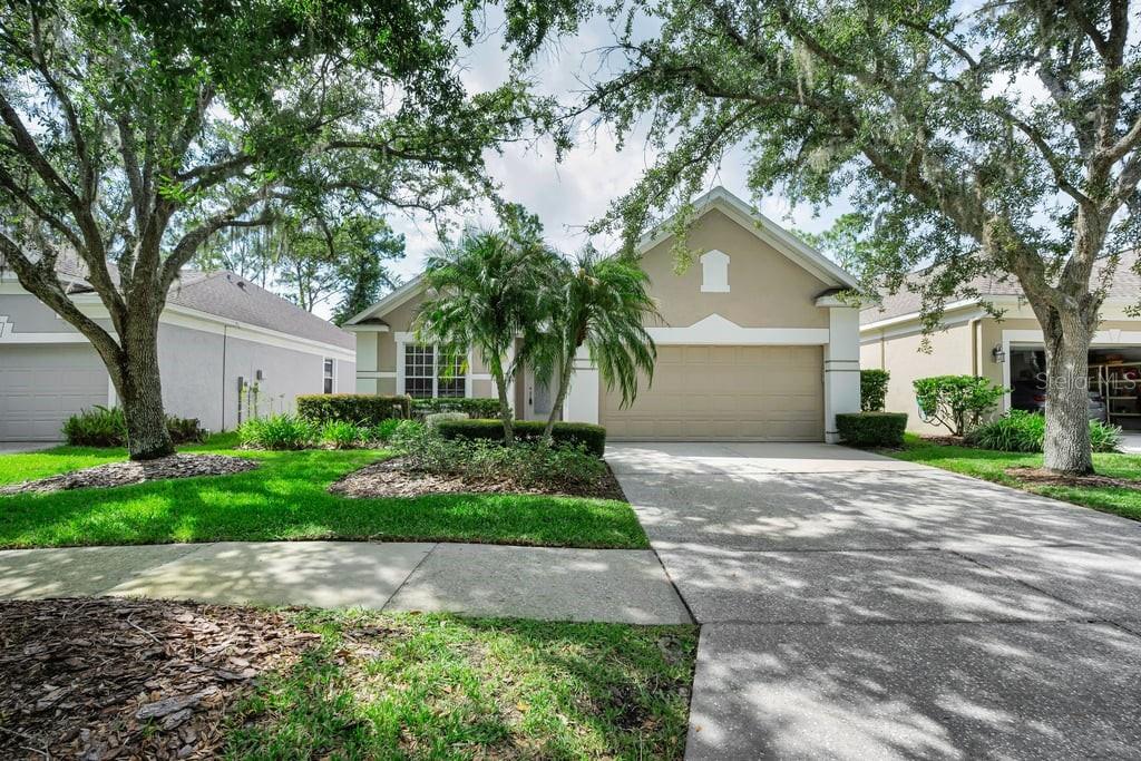 A tan single-story house with a two-car garage and mature trees in the front yard — 18104 HAMDEN PARK WAY, TAMPA, FL