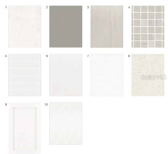 This image shows a grid of ten samples of interior finishes, including tiles and countertops — 7825 CENTAURUS WAY, SARASOTA, FL