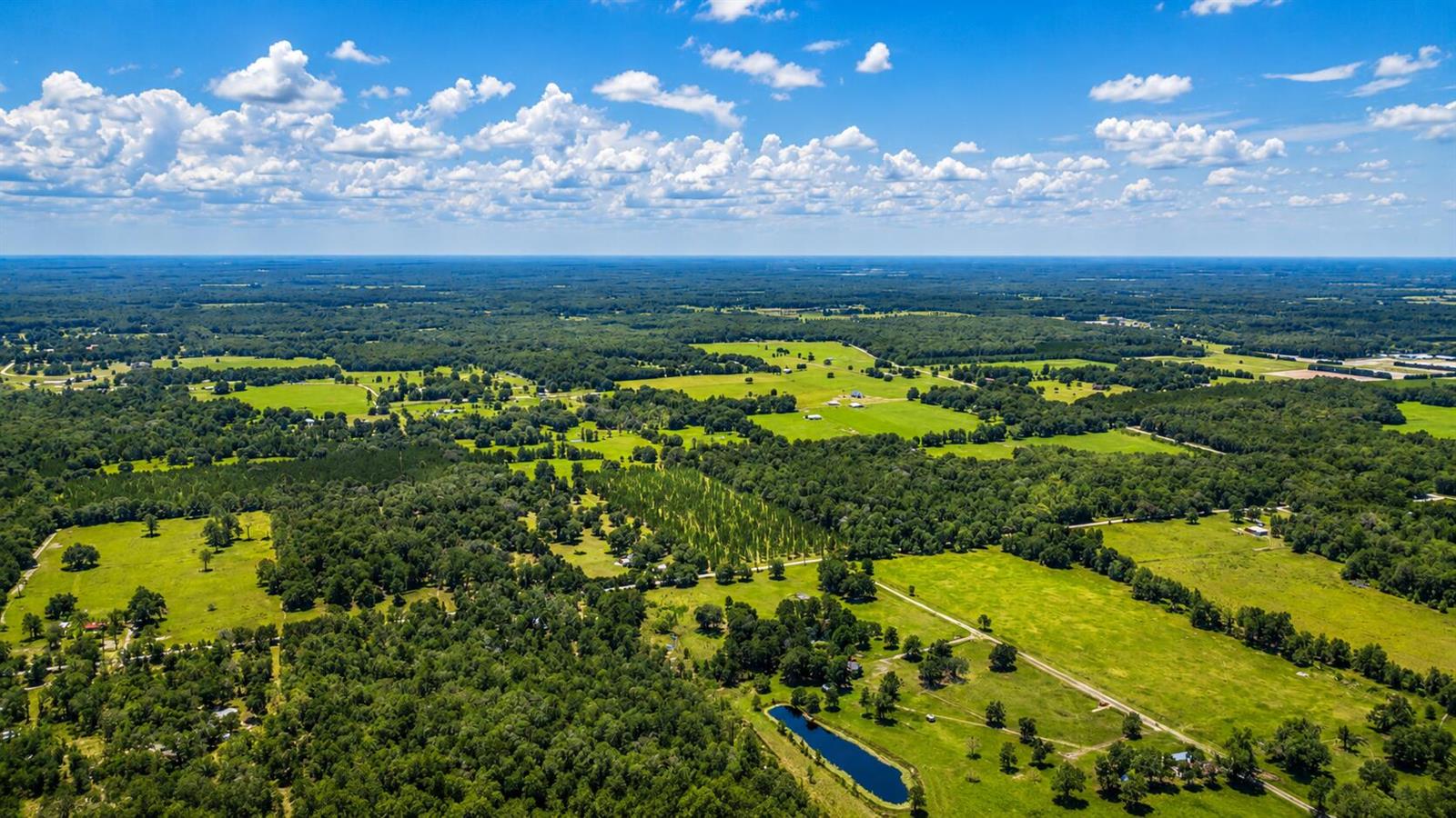 An aerial view shows a rural landscape with green pastures, wooded areas, and a pond — 6600 150th Place, FL 32094, FL