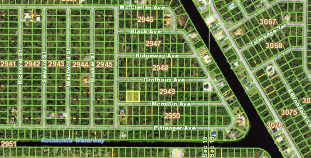 This is a map showing a highlighted parcel of land within a residential grid layout — 14432 MCMILLIN AVENUE, PORT CHARLOTTE, FL
