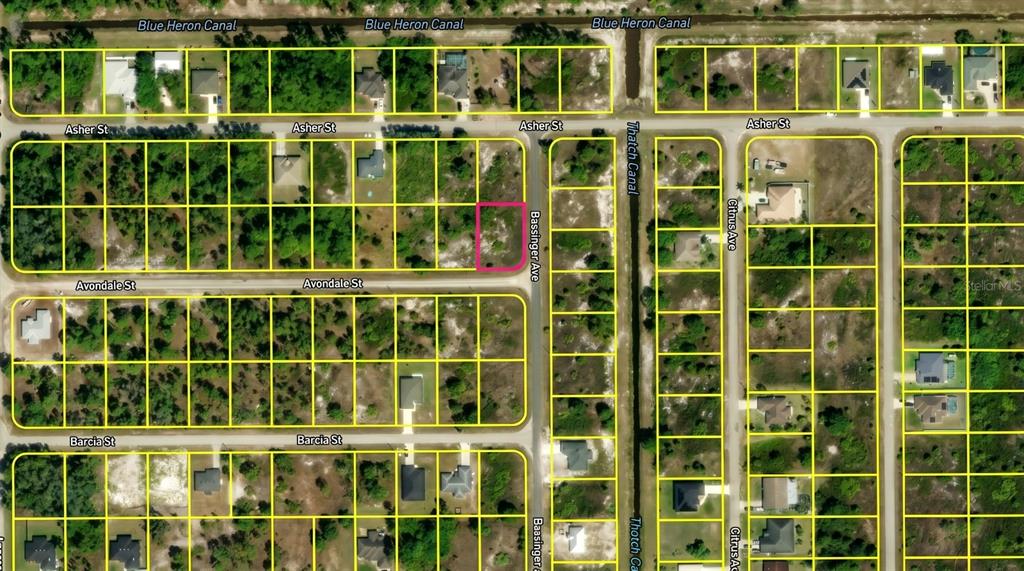 This is an aerial map showing a vacant lot highlighted in pink within a residential neighborhood — 745 AVONDALE STREET E, LEHIGH ACRES, FL