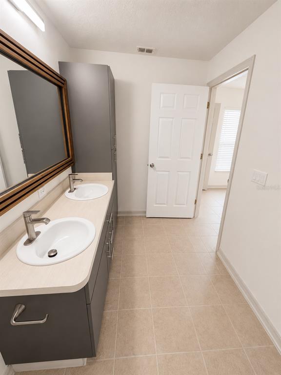 A bathroom features a double vanity with gray cabinets, light countertops, and a large mirror — 3029-3029 WALNUT COURT, LEESBURG, FL
