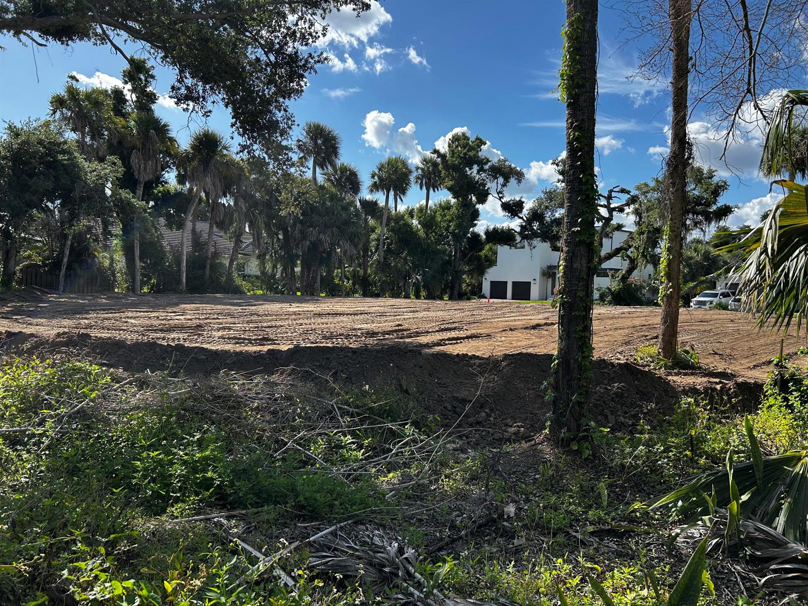 A cleared, level dirt lot is surrounded by trees and palm trees under a blue sky — 525 Acacia Road, Vero Beach FL 32963, VERO BEACH, FL