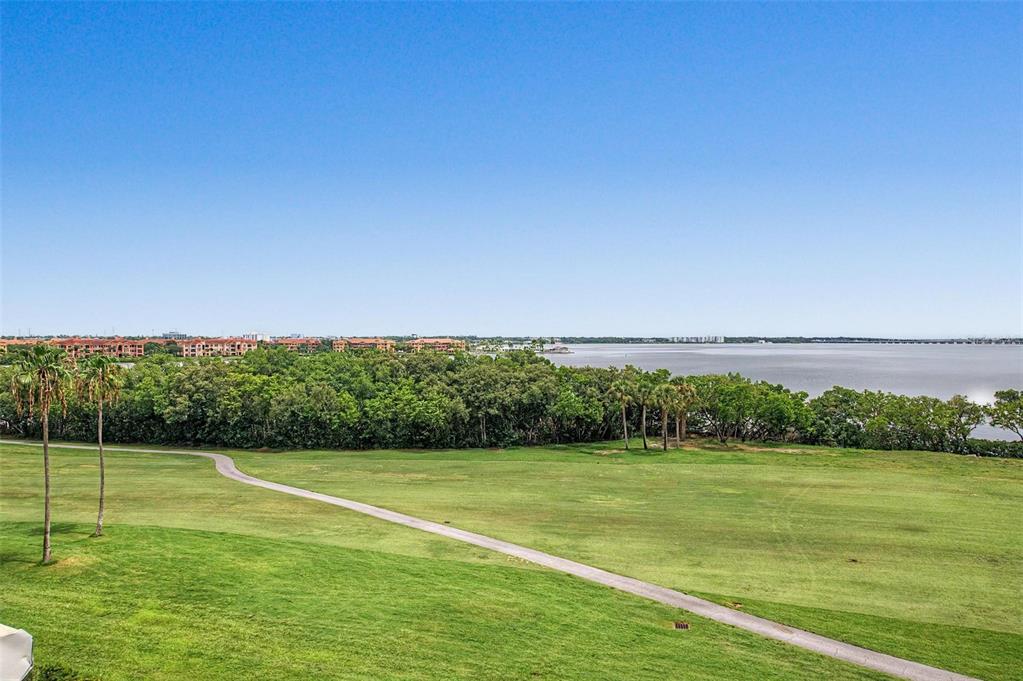 A view of a grassy golf course leading to a line of trees and water — 2618 COVE CAY DRIVE UNIT 505, CLEARWATER, FL