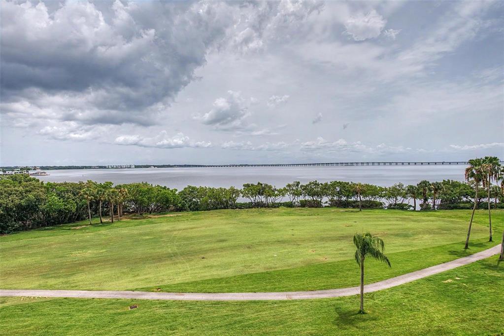 A grassy lawn overlooks a large body of water with a bridge in the distance — 2618 COVE CAY DRIVE UNIT 505, CLEARWATER, FL