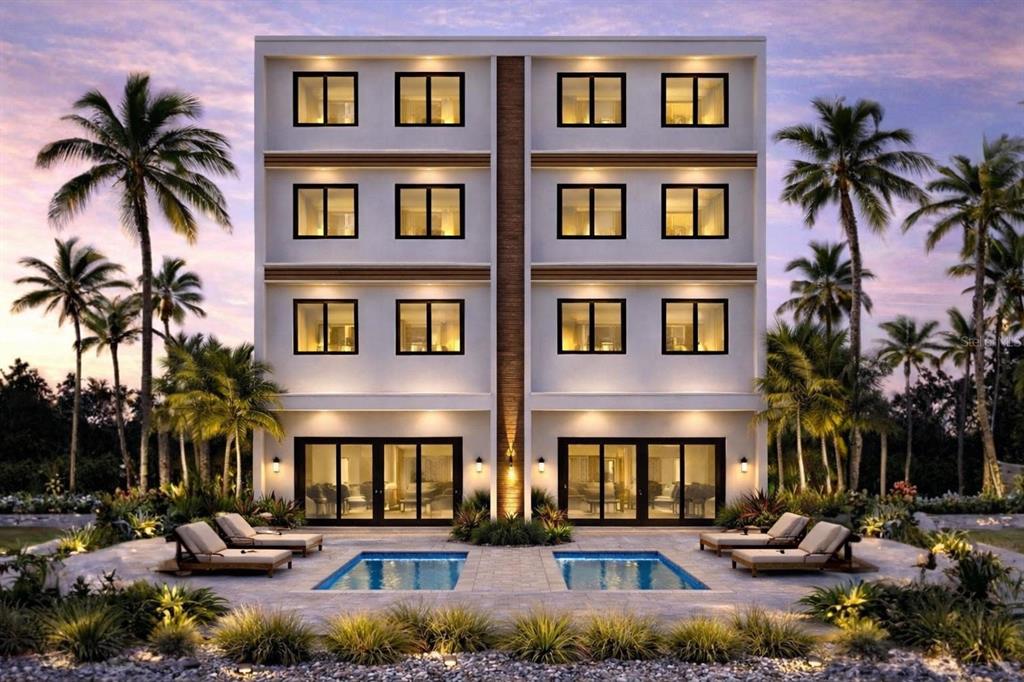 This is a rendering of a modern three-story building with two pools and lounge chairs — 0 GULF BOULEVARD LOT 14, INDIAN ROCKS BEACH, FL