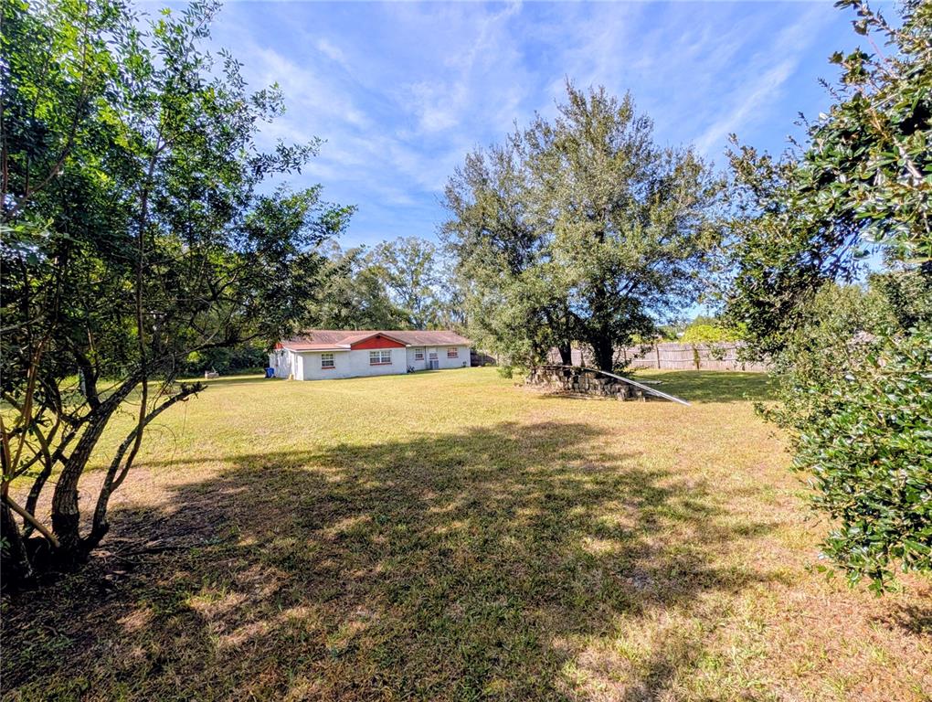 A white house with a red roof sits in a large, grassy backyard with trees — 8410 PETERSON ROAD, ODESSA, FL