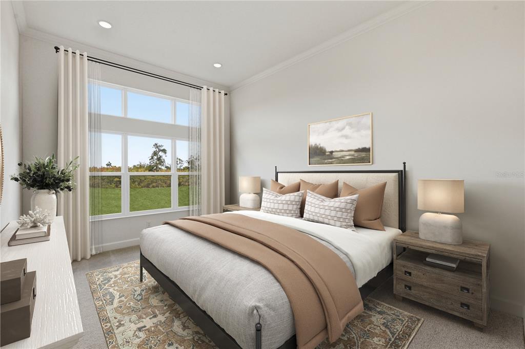 This is a digital rendering of a bedroom featuring a bed, nightstands, and large windows — 1031 SIGNET, APOLLO BEACH, FL