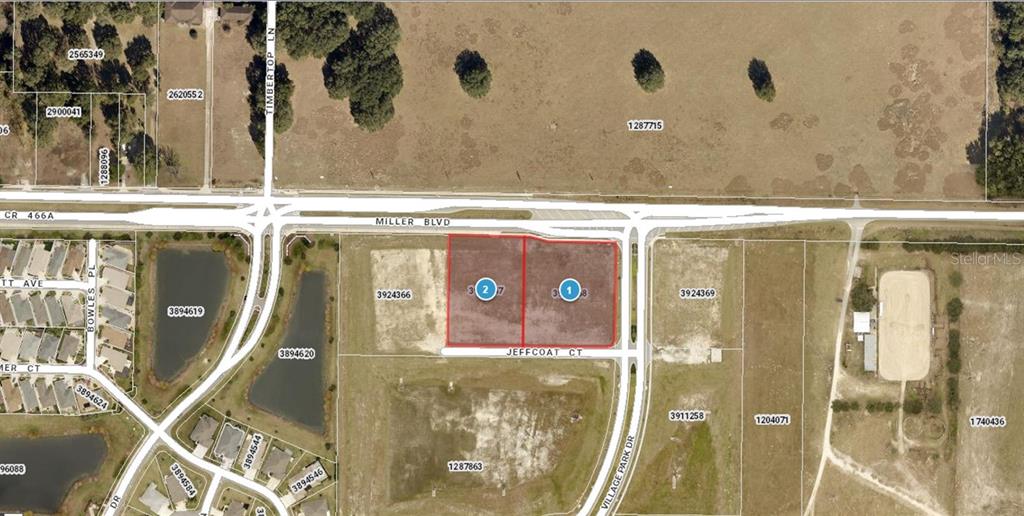 This is an aerial map showing two adjacent vacant lots highlighted in red — CR 466A / MILLER BOULEVARD UNIT #B & #C, FRUITLAND PARK, FL