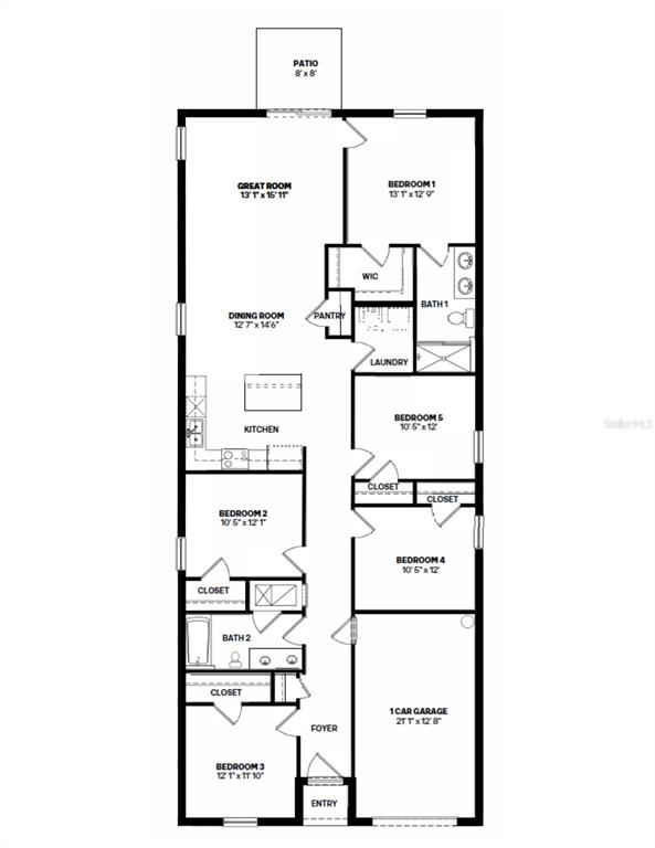 This is a floor plan for a five-bedroom, two-bathroom home with a one-car garage — 12181 ISLE ROYALE DRIVE, HUDSON, FL