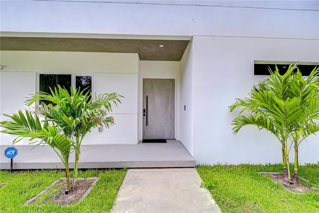 A modern white house exterior features a gray front door, concrete walkway, and two palms — 6805 NEW YORK DRIVE, TAMPA, FL