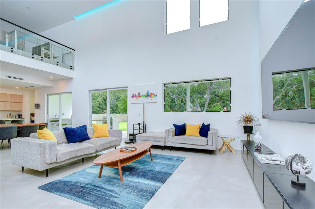 A modern living room features high ceilings, a blue area rug, and a large television — 6805 NEW YORK DRIVE, TAMPA, FL
