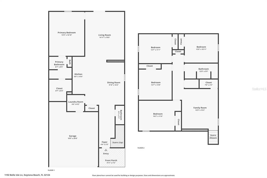 This image is a two-story residential floor plan showing room layouts and dimensions — 1192 BELLE ISLE LANE, DAYTONA BEACH, FL