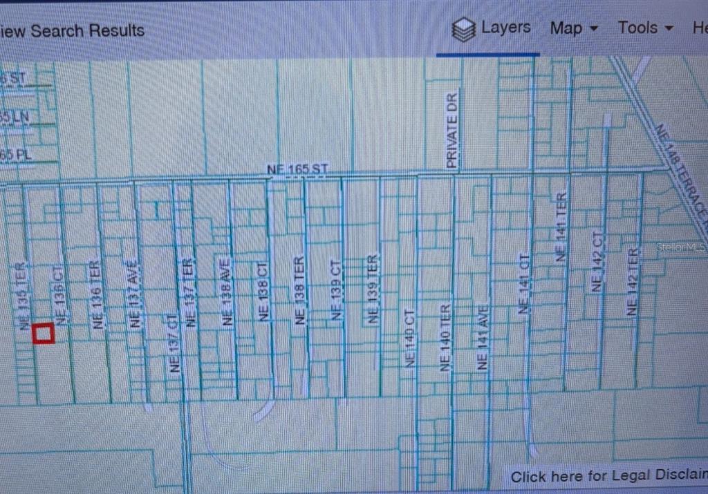 This is a map showing property parcel boundaries and street names in a residential area — 0 NE 135TH TERRACE, FORT MC COY, FL