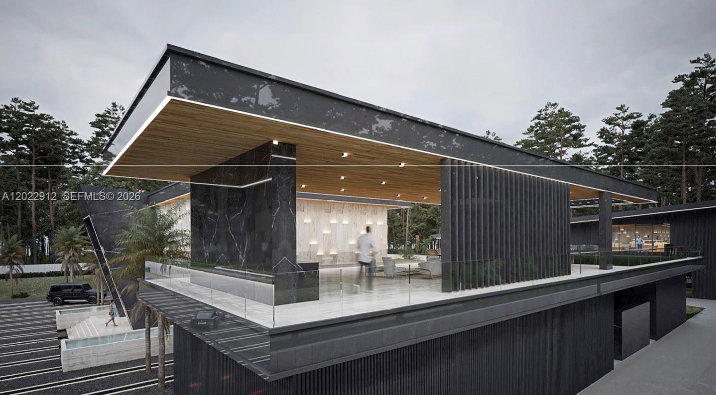 This architectural rendering shows a modern, open-air terrace with marble walls and wood ceilings — 12095 SW 47th St, Miami FL 33175, MIAMI, FL