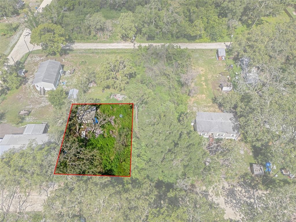An aerial view shows a rectangular lot outlined in red containing a small, overgrown structure — 3241 TAFFETA STREET, DADE CITY, FL