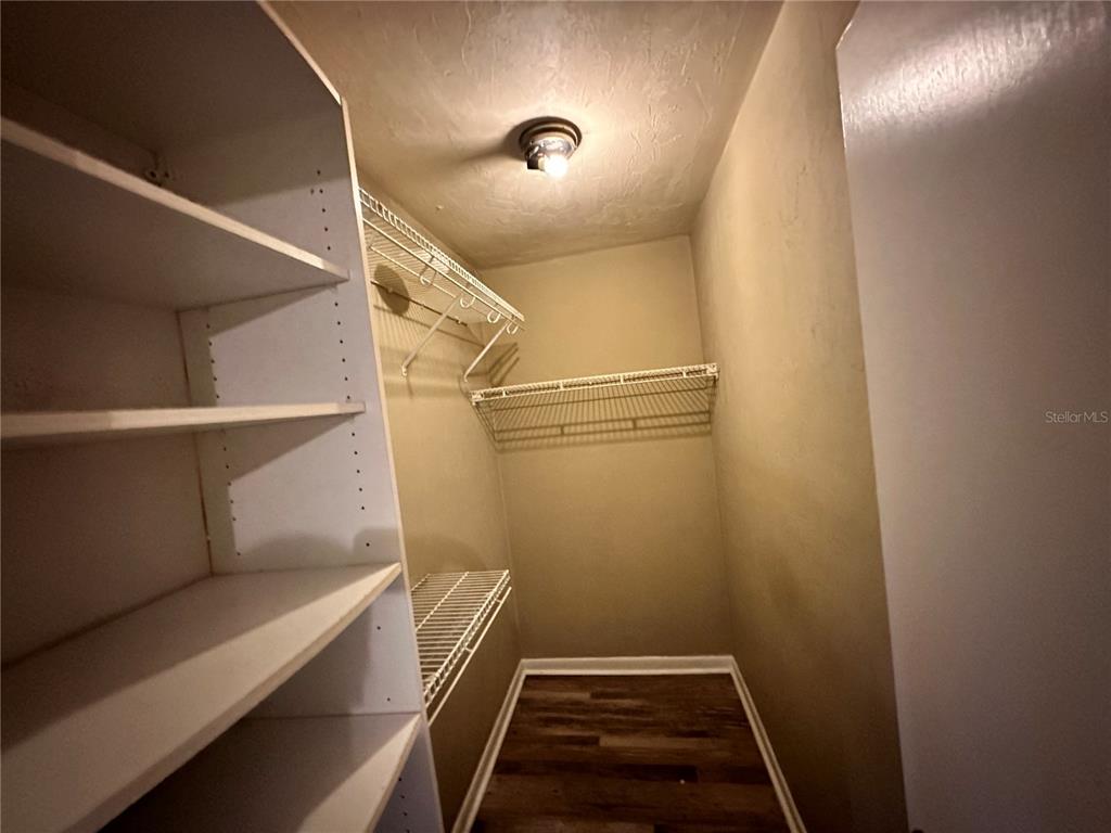 A walk-in closet features white shelving, wire racks, a ceiling light, and wood-look flooring — 2735 SW 35TH PLACE UNIT 2001, GAINESVILLE, FL