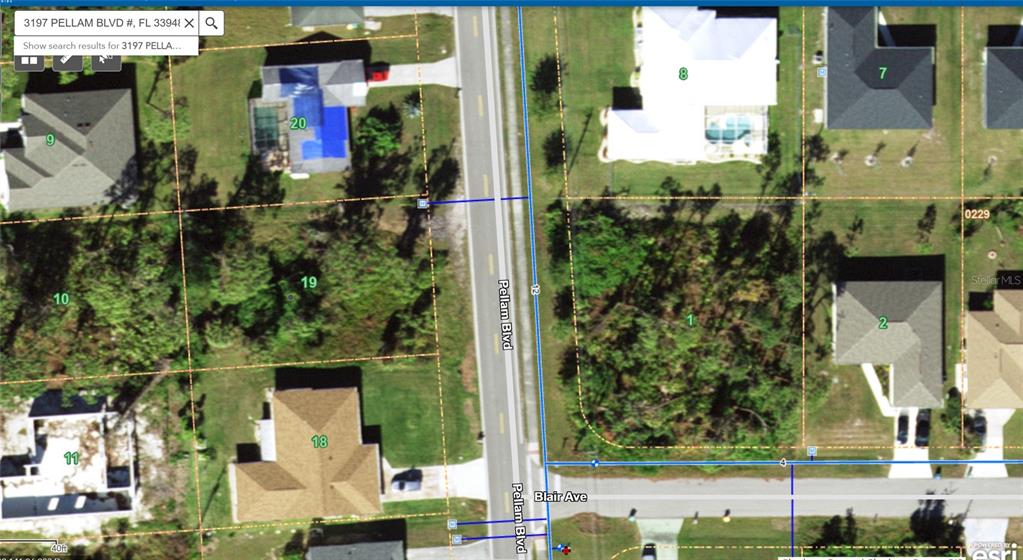 This is an aerial map showing residential lots and streets in a suburban neighborhood — 3197 PELLAM BLVD BOULEVARD, PORT CHARLOTTE, FL