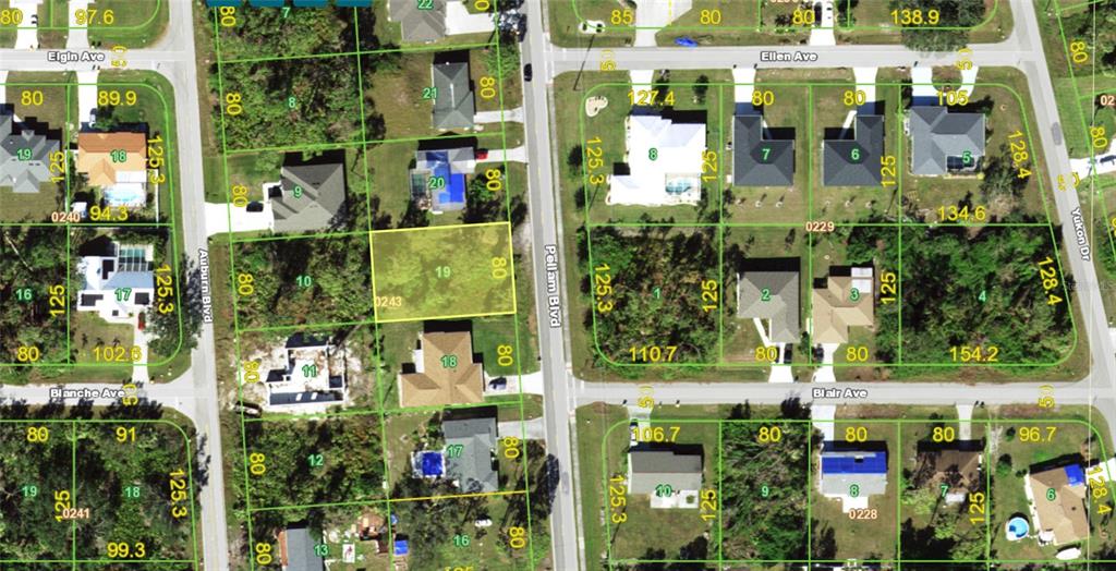 This is a satellite map showing residential lots and street layouts in a suburban neighborhood — 3197 PELLAM BLVD BOULEVARD, PORT CHARLOTTE, FL