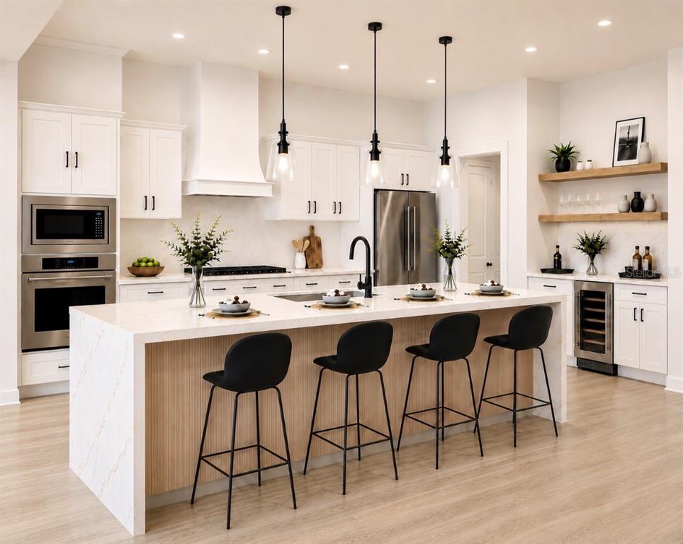 A modern kitchen features a marble-topped island with slatted wood detailing and four white stools — 4509 DALLAS BOULEVARD, ORLANDO, FL