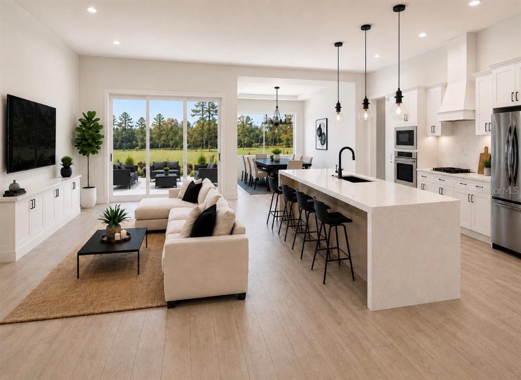 This is a digital rendering of an open-concept living room and kitchen with modern finishes — 4509 DALLAS BOULEVARD, ORLANDO, FL