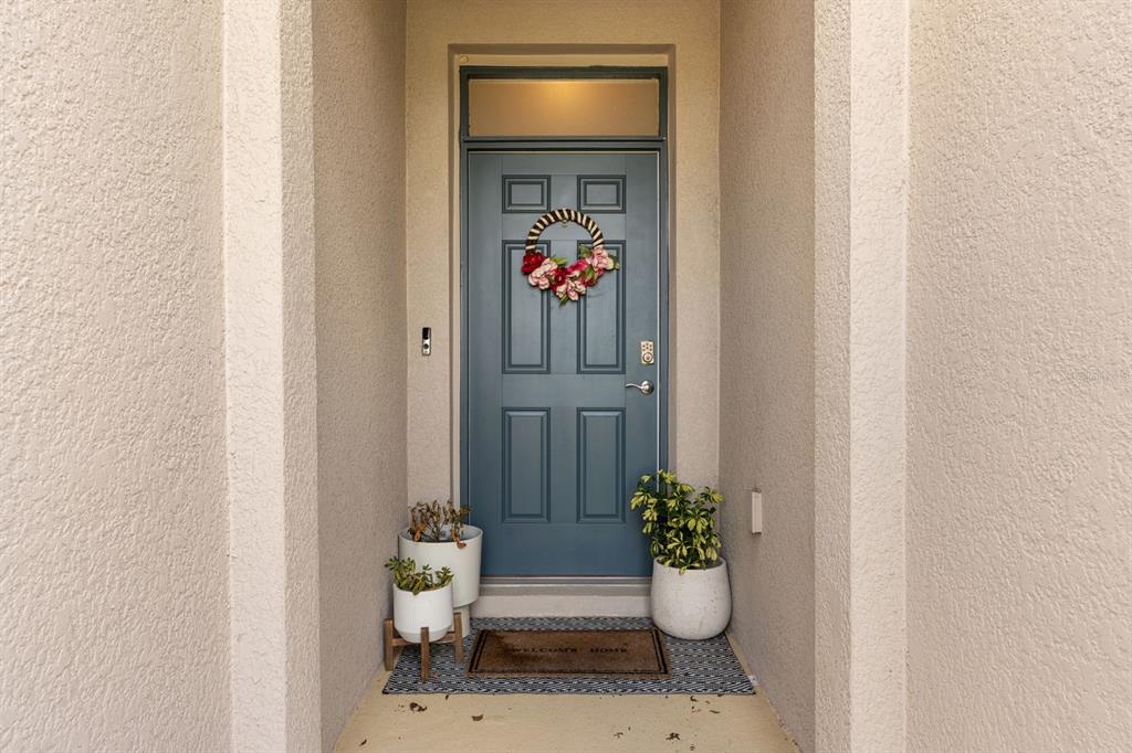 A blue front door with a wreath sits in a recessed entryway with potted plants — 8362 WHEAT STONE DRIVE, ZEPHYRHILLS, FL