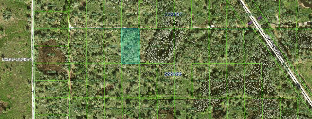 This is an aerial map showing a highlighted rectangular land parcel outlined in green grid lines — INACCESSIBLE TRACT, KATHLEEN, FL