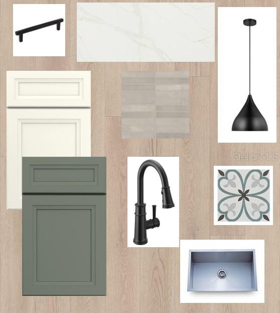 This is a digital mood board showcasing kitchen design finishes, including cabinetry, hardware, fixtures, and flooring — 6813 CHLOE COURT, SARASOTA, FL