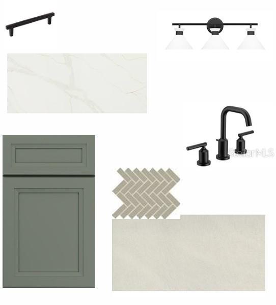 This is a design board showing cabinet, countertop, tile, hardware, and lighting fixture samples — 6813 CHLOE COURT, SARASOTA, FL