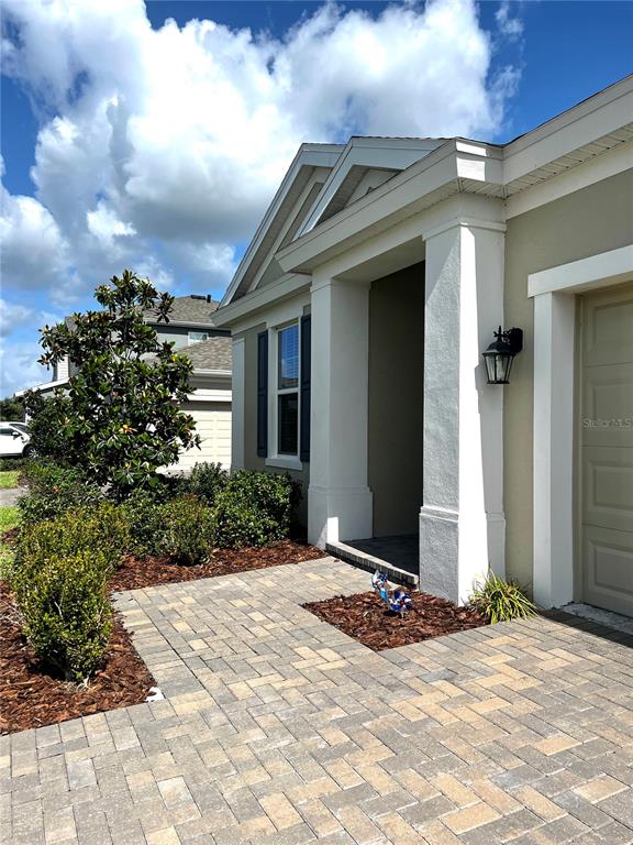 A paved walkway leads to the covered entrance of a house with beige siding — 4786 BALLANTRAE BOULEVARD, LAND O LAKES, FL