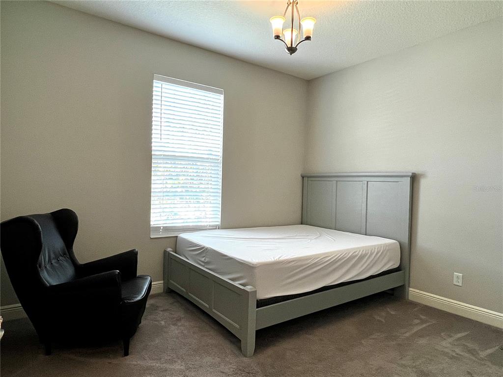 A bedroom features a gray bed frame, a black armchair, and a window with blinds — 4786 BALLANTRAE BOULEVARD, LAND O LAKES, FL